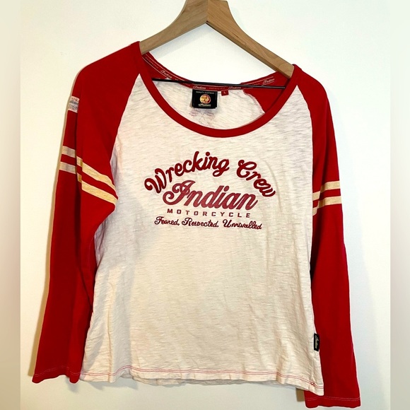 Indian Motorcycle Tops - Genuine Indian Motorcycle Wrecking Crew Red/White Long Sleeve Size L Embroidered
